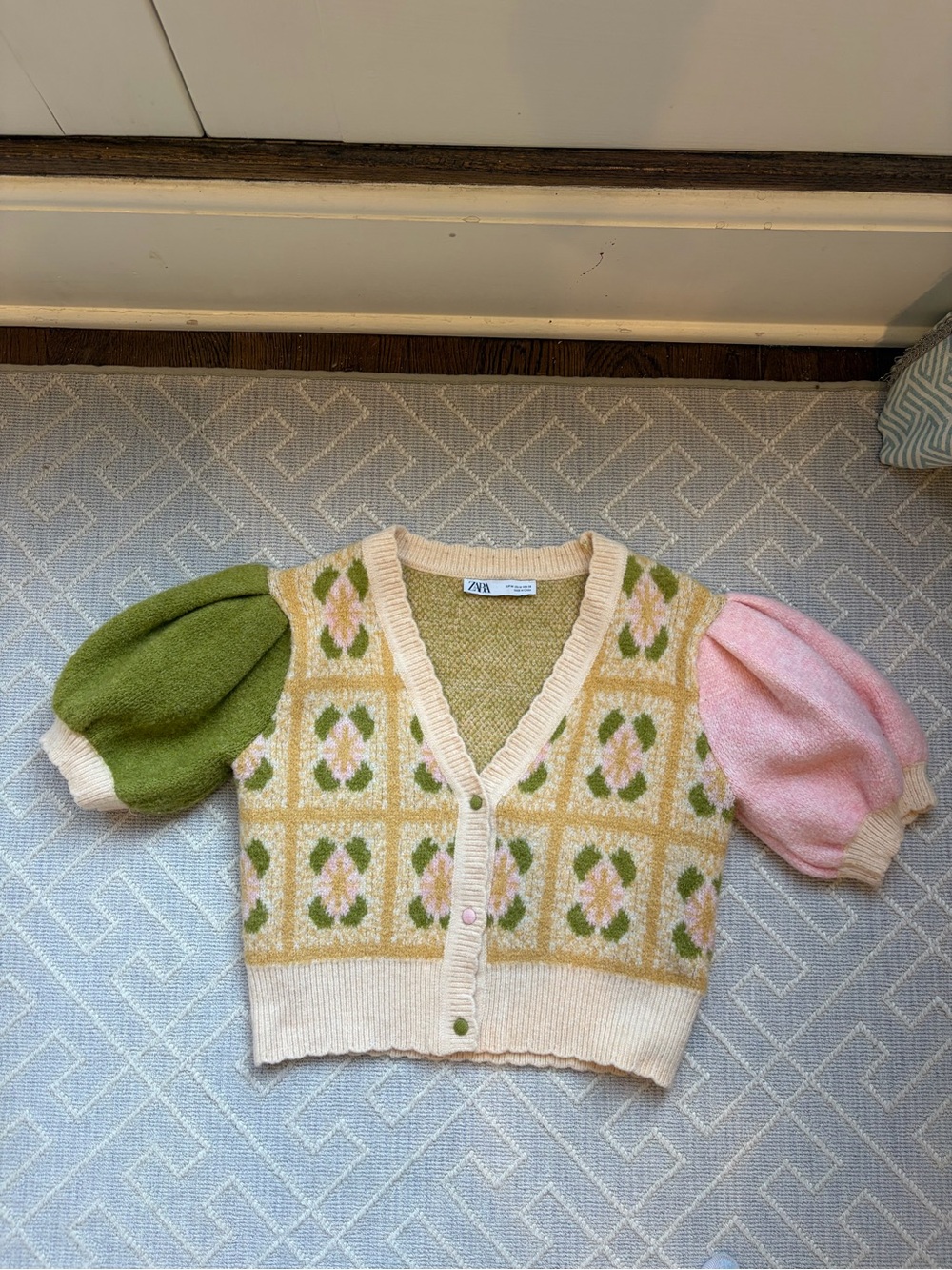Zara Floral Knit Puff-Sleeve Cardigan - Pink, Green & Cream
